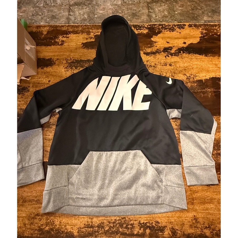 Nike Dri-FIT Hoodie Black Grey Colorblock Pullover Sweatshirt Womens Medium